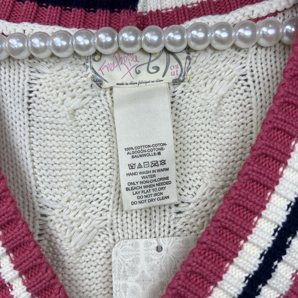 Free People Coastal Prep Poncho Vest Cable Knit One Size Cream Pink Preppy - Picture 9 of 9